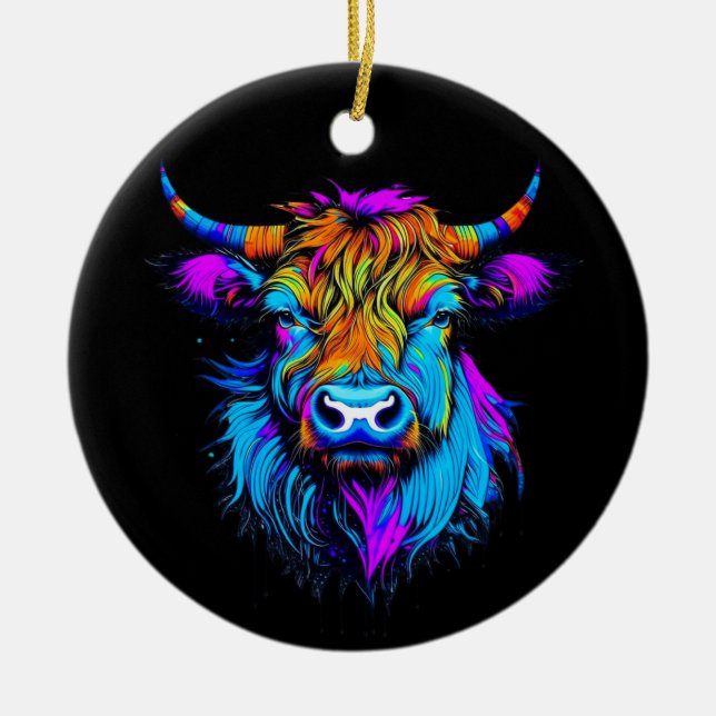 Cyberpunk Colourful Ai Highland Cow Christmas Ceramic Ornament (Front)