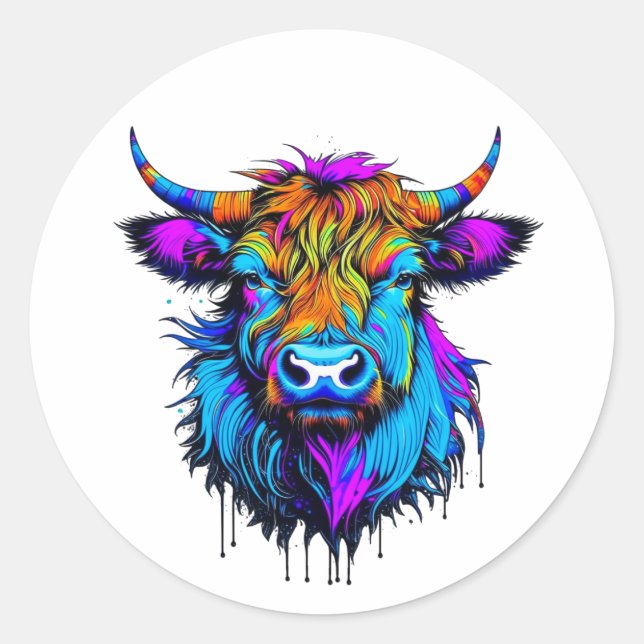 Cyberpunk Colourful Ai Highland Cow Classic Round Sticker (Front)