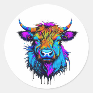 Cyberpunk Colourful Ai Highland Cow Classic Round Sticker