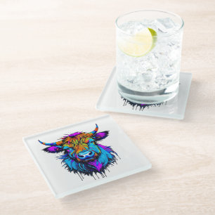 Cyberpunk Colourful Ai Highland Cow Glass Coaster