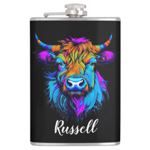Cyberpunk Colourful Ai Highland Cow Personalised Hip Flask