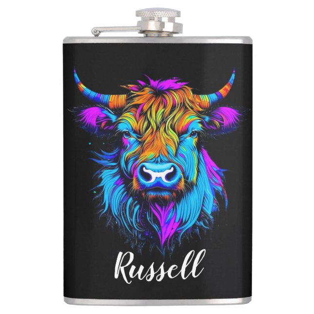 Cyberpunk Colourful Ai Highland Cow Personalised Hip Flask (Front)