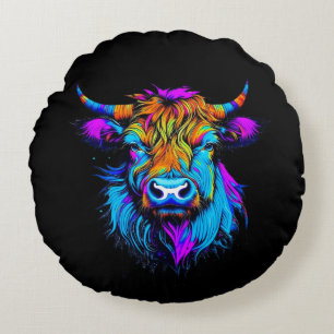 Cyberpunk Colourful Ai Highland Cow  Round Cushion