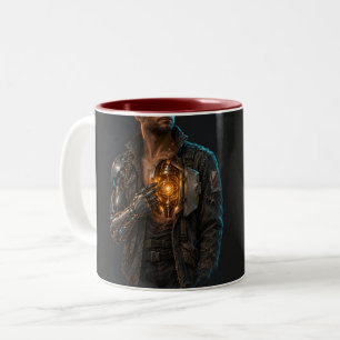 cyberpunk, cyborg, samurai, neon, synthwave, warri Two-Tone coffee mug