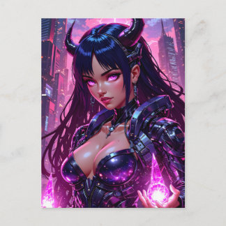 Cyberpunk Demon Girl Neon City Halloween Holiday Postcard
