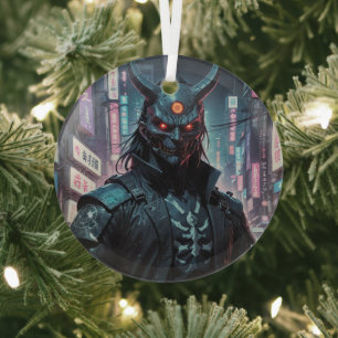Cyberpunk Demon Samurai Glass Tree Decoration