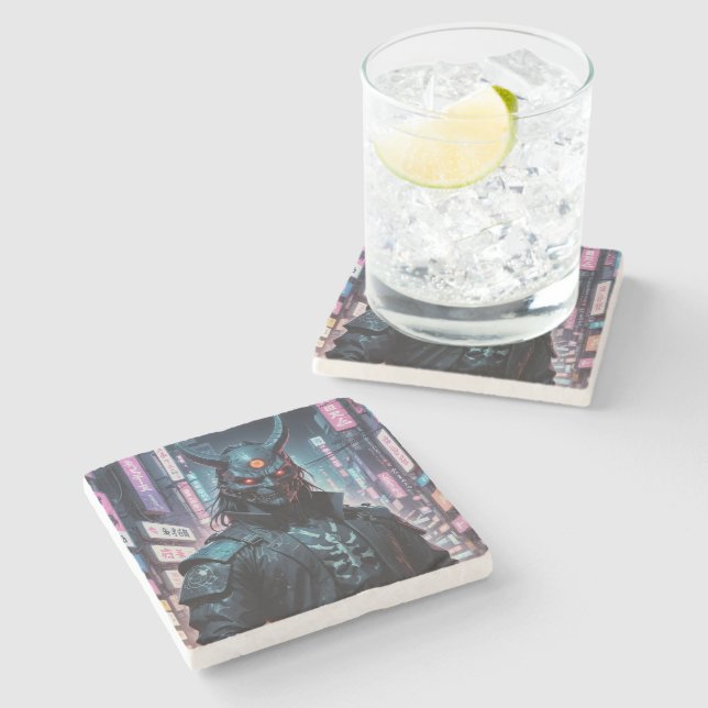 Cyberpunk Demon Samurai Stone Coaster (Side)