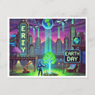 Cyberpunk Earth Day 16-Bit Pixel Art Postcard