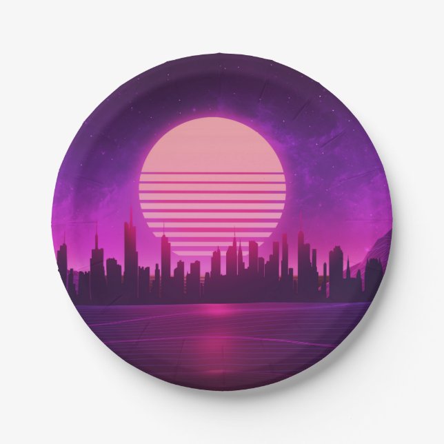 cyberpunk eletronic synthwave scifi pink black  paper plate (Front)