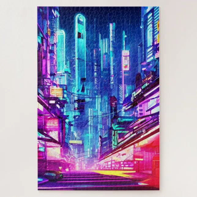 Cyberpunk Futuristic Neon City Jigsaw Puzzle | Zazzle