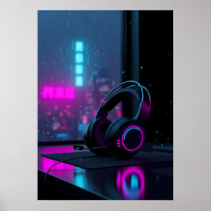 Cyberpunk Gaming Headset Poster