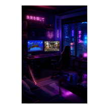 Cyberpunk Gaming Setup Neon Room Aesthetic Art Pos