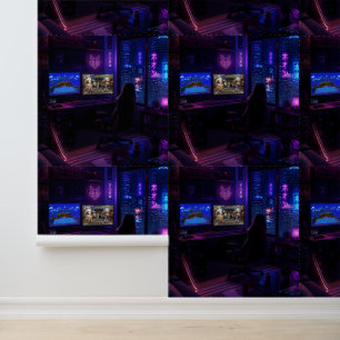 Cyberpunk Gaming Setup Neon Room Aesthetic Art Pos Wallpaper
