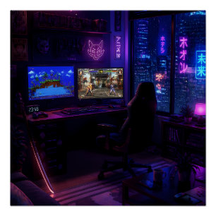 Cyberpunk Gaming Setup Neon Room Aesthetic Art Poster