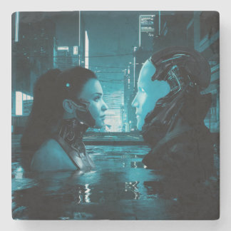 Cyberpunk Girl And The Android Stone Coaster