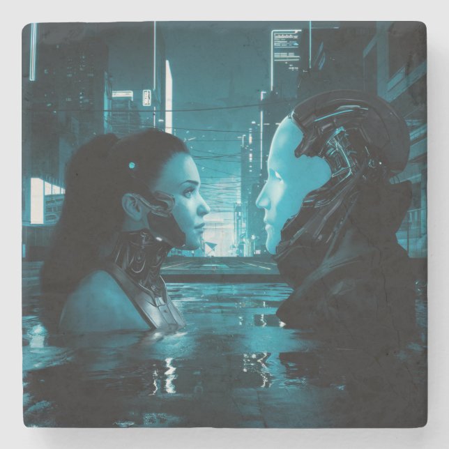Cyberpunk Girl And The Android Stone Coaster (Front)