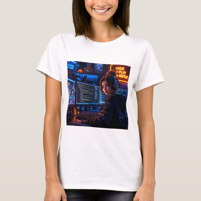 Cyberpunk Girl Coder T-Shirt - Neon Gaming Aesthet (Front)