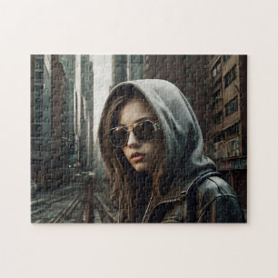 Cyberpunk Girl Hoodie Dystopian Jigsaw Puzzle