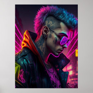 Cyberpunk girl in neon city poster