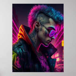Cyberpunk girl in neon city poster