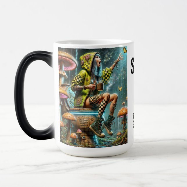 cyberpunk girl on mushroom magic mug (Left)