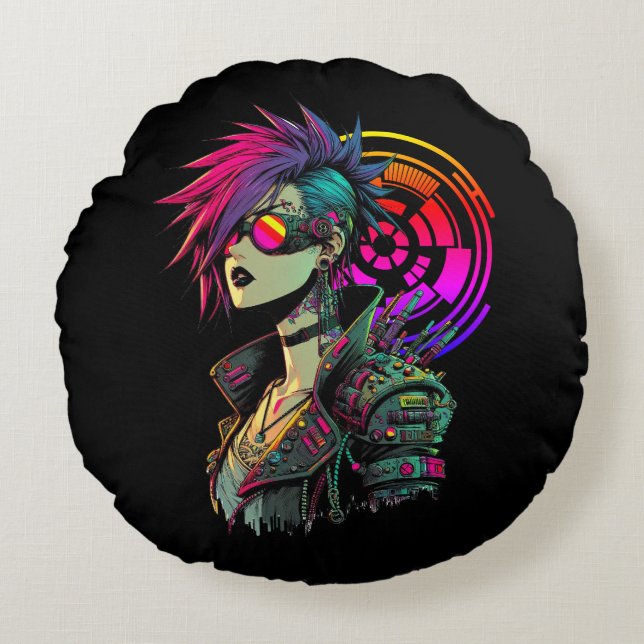 Cyberpunk Girl Round Cushion (Front)