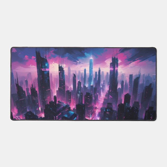 Cyberpunk Glow Cityscape – Futuristic Neon Skyline Desk Mat (Front)