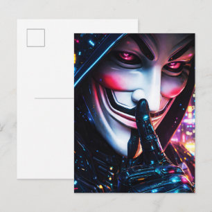 Cyberpunk Hacker Mask Shush Neon Glow Postcard