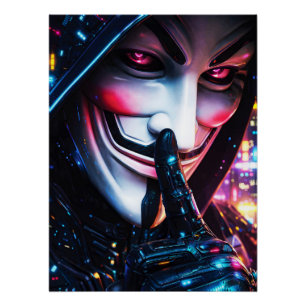 Cyberpunk Hacker Mask Shush Neon Glow Poster