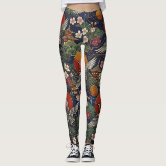 Cyberpunk Japanese Cranes and Sakura Seamless  Leggings