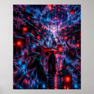 Cyberpunk Japanese Yokai Parade Puzzle Poster