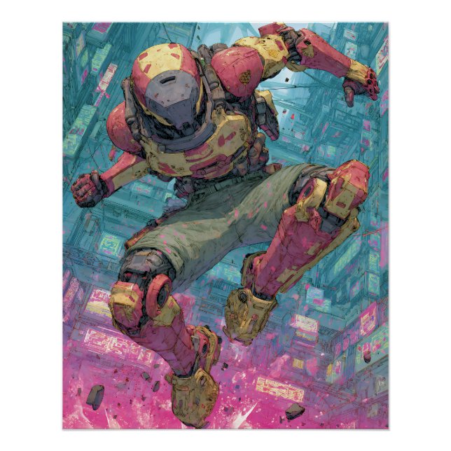 Cyberpunk Mecha Pilot Leap Neon City Action Art Poster (Front)