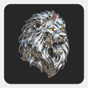 Cyberpunk Metallic Chrome Lion King Ruby Crown Vin Square Sticker