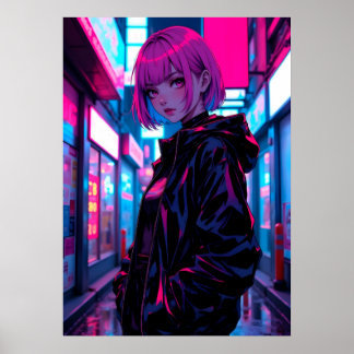 Cyberpunk Neon Anime Alley Girl Poster