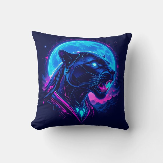 Cyberpunk Neon Black Panther Cushion (Front)