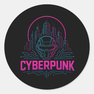 Cyberpunk Neon City Logo – Futuristic Tech Aesthet Classic Round Sticker