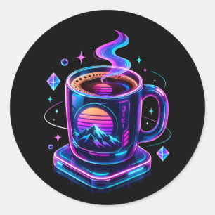 Cyberpunk Neon Coffee Cup Aesthetic Round Sticker