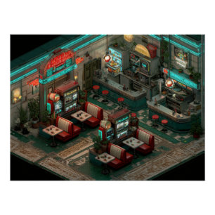 Cyberpunk Neon Diner Isometric Art Poster