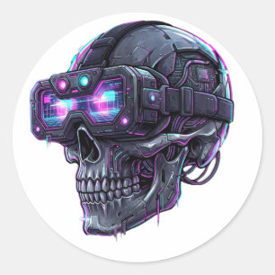 Cyberpunk Neon Glitch VR Skull Gamer Graphic Classic Round Sticker
