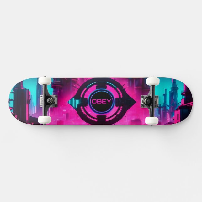 Cyberpunk Neon Obey Streetwear Sci-Fi City Skateboard (Horz)