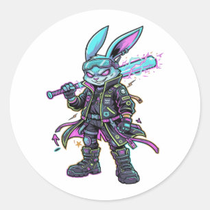 Cyberpunk Neon Rabbit Warrior – Futuristic Bunny Classic Round Sticker