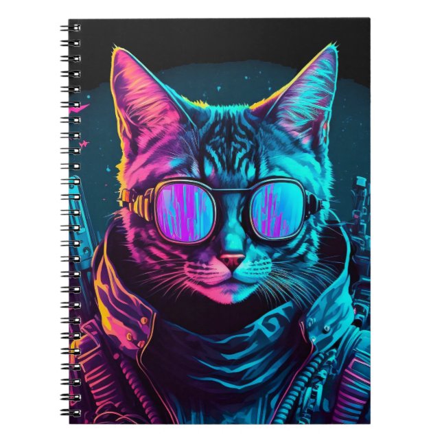 Cyberpunk neon twilight cat glasses soldier black notebook (Front)