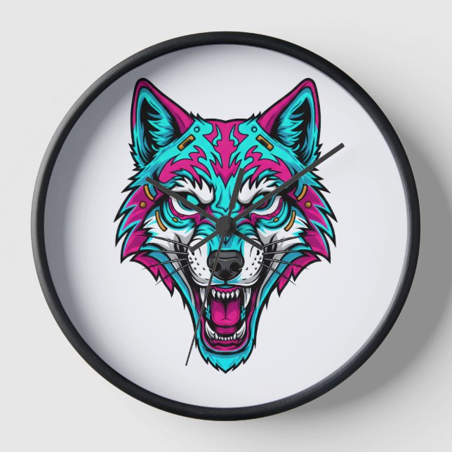 Cyberpunk Neon Wolf - Synthwave Robotic Animal Clock (Front)