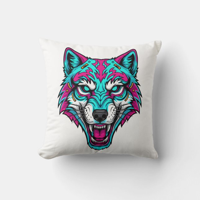 Cyberpunk Neon Wolf - Synthwave Robotic Animal Cushion (Front)