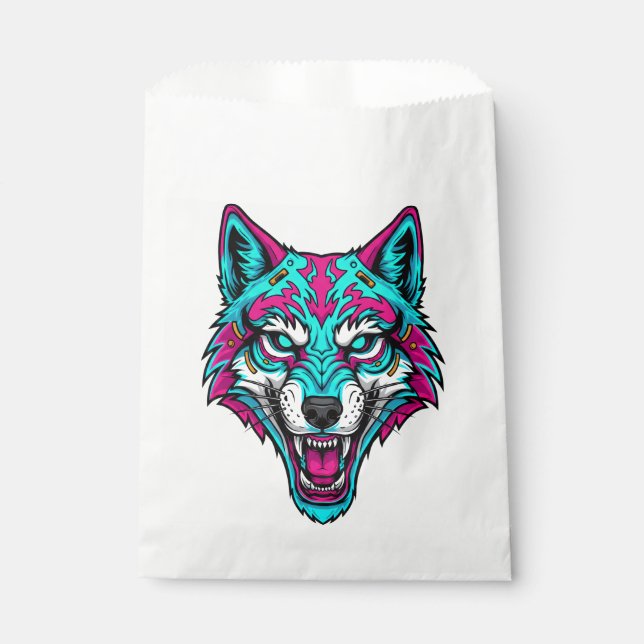 Cyberpunk Neon Wolf - Synthwave Robotic Animal Favour Bag (Front)