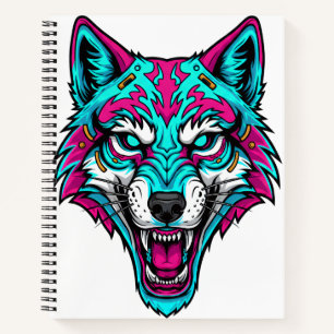 Cyberpunk Neon Wolf - Synthwave Robotic Animal Notebook