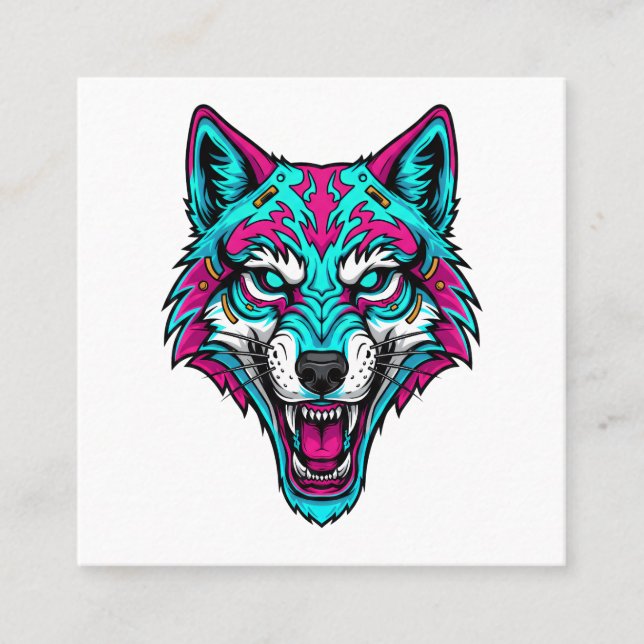 Cyberpunk Neon Wolf - Synthwave Robotic Animal Square Business Card (Front)