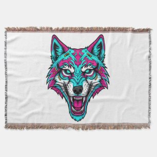 Cyberpunk Neon Wolf - Synthwave Robotic Animal Throw Blanket