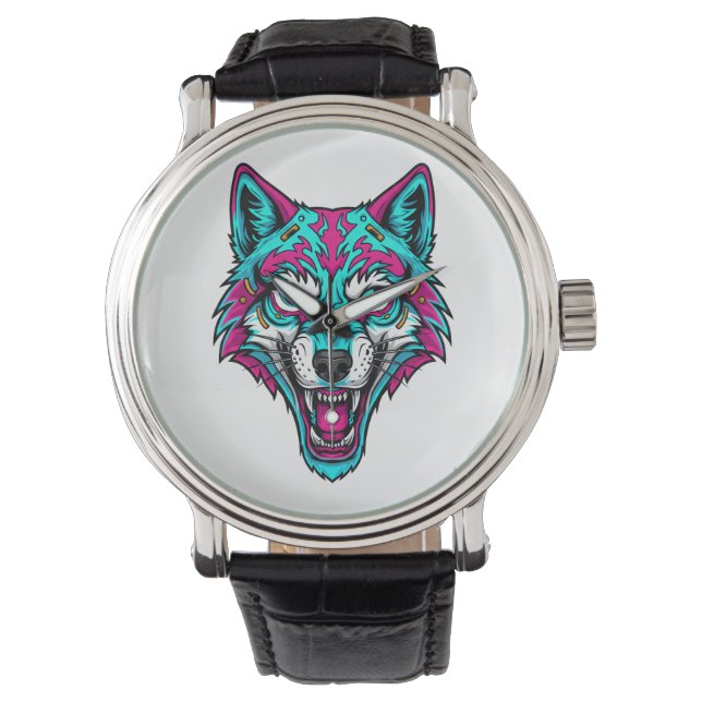 Cyberpunk Neon Wolf - Synthwave Robotic Animal Watch (Front)
