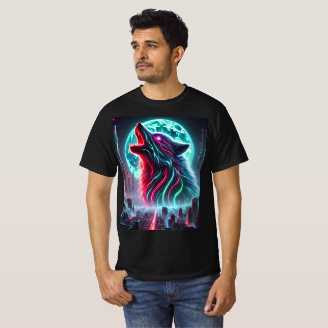 Cyberpunk Neon Wolf T-Shirt Design. (Front Full)